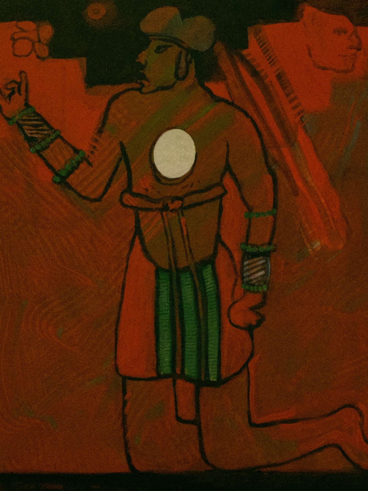 Concepto Cero. An early hard-edge composition: a standing figure rendered in burnt sienna and green against a field of red earth.